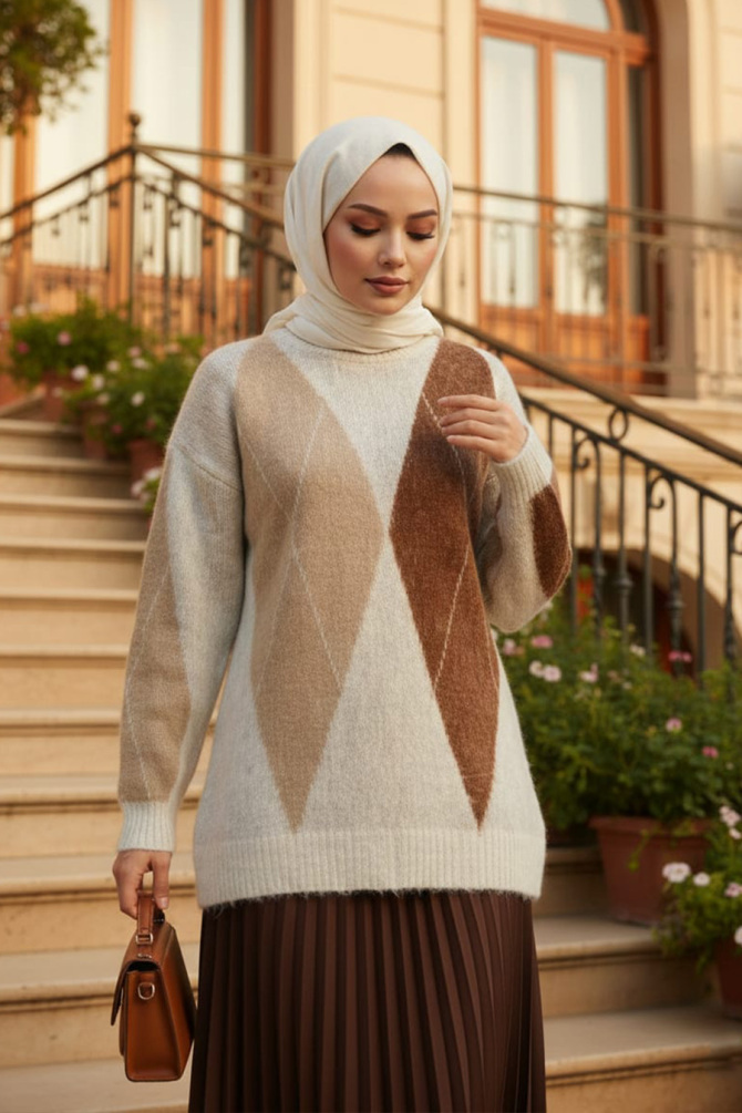 Baklava Desenli Bej Tesettür Triko Kazak Tunik 8740BEJ - 1