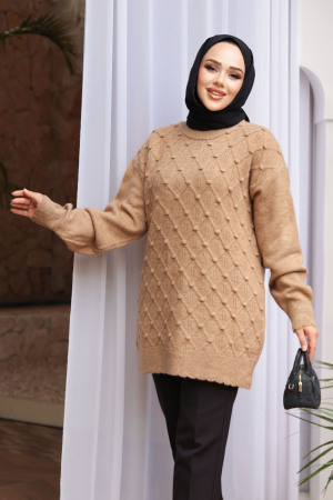 Baklava Desenli Camel Tesettür Triko Kazak Tunik 85161C - 2