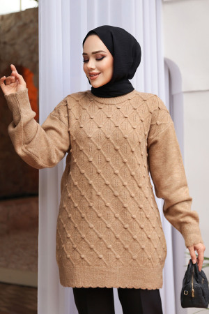 Baklava Desenli Camel Tesettür Triko Kazak Tunik 85161C 