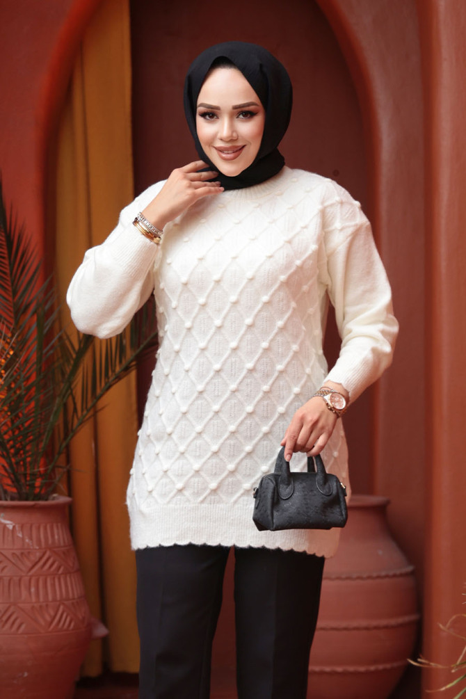 Baklava Desenli Ekru Tesettür Triko Kazak Tunik 85161E - 2