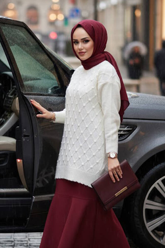 Baklava Desenli Ekru Tesettür Triko Kazak Tunik 85161E - N.S NEVA STYLE