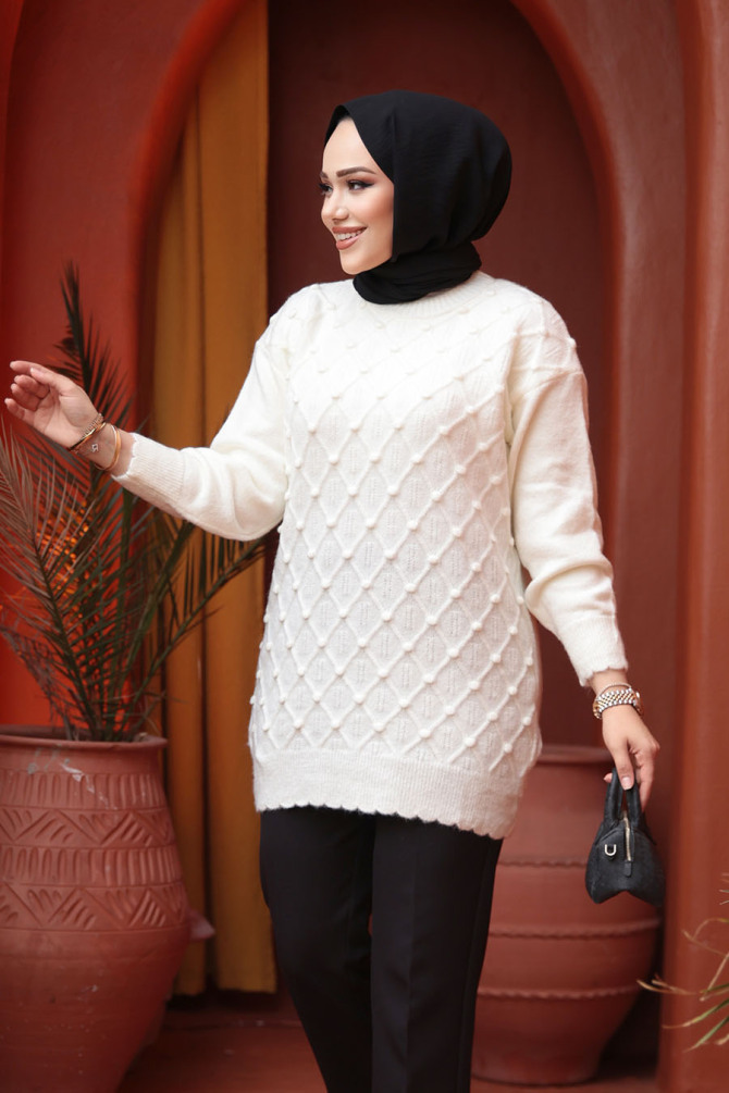 Baklava Desenli Ekru Tesettür Triko Kazak Tunik 85161E - N.S NEVA STYLE