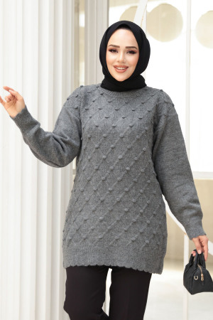 Baklava Desenli Füme Tesettür Triko Kazak Tunik 85161FU - 2