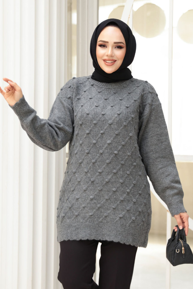Baklava Desenli Füme Tesettür Triko Kazak Tunik 85161FU - 2