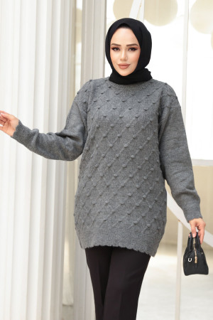 Baklava Desenli Füme Tesettür Triko Kazak Tunik 85161FU - 3
