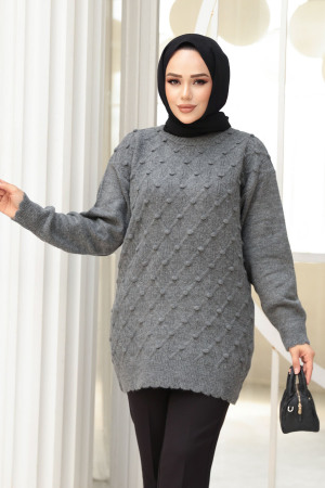Baklava Desenli Füme Tesettür Triko Kazak Tunik 85161FU - 1