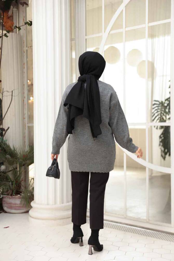 Baklava Desenli Füme Tesettür Triko Kazak Tunik 85161FU - 4