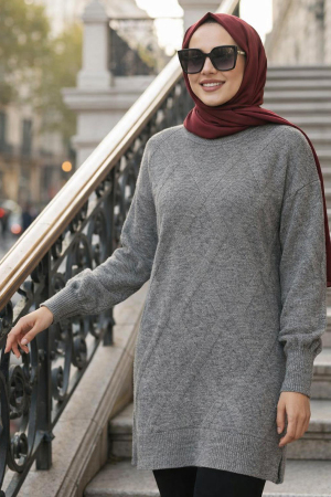 Baklava Desenli Gri Tesettür Triko Kazak 6008GR 