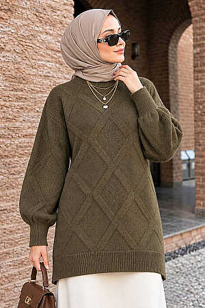 Baklava Desenli Haki Tesettür Triko Kazak 6008HK 