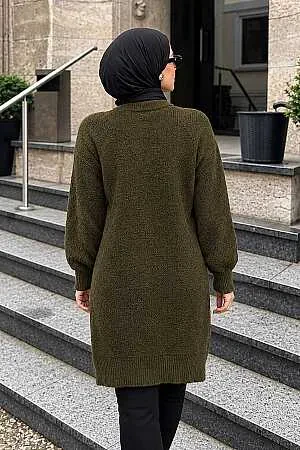 Baklava Desenli Haki Tesettür Triko Kazak 60091HK - 2