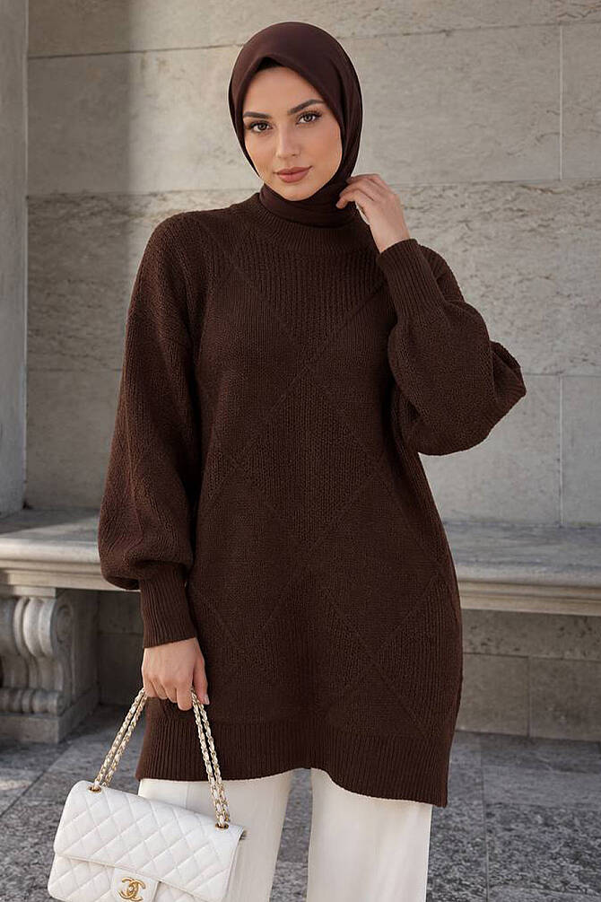 Pull en maille à motif losanges – Marron 60091KH - 1