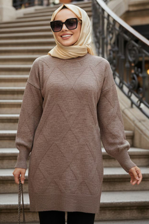 Baklava Desenli Koyu Vizon Tesettür Triko Kazak 6008KV - N.S NEVA STYLE