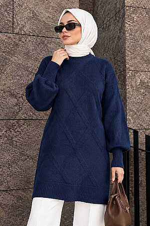 Diamond-Pattern Navy Modest Knit Sweater 6008L 