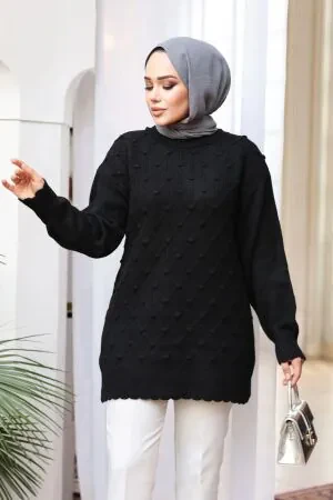 Baklava Desenli Siyah Tesettür Triko Kazak Tunik 85161S 