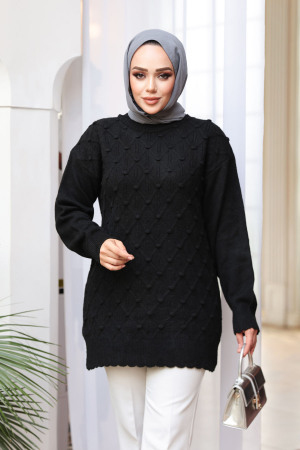 Baklava Desenli Siyah Tesettür Triko Kazak Tunik 85161S - 2