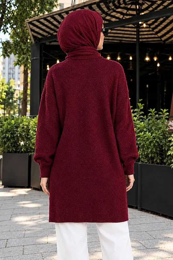 Baklava Desenli Vişne Tesettür Triko Kazak 60091VSN - 2