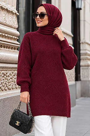Baklava Desenli Vişne Tesettür Triko Kazak 60091VSN - N.S NEVA STYLE
