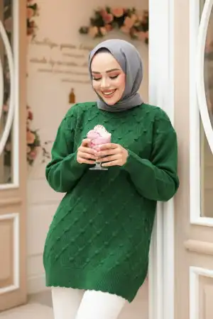 Baklava Desenli Yeşil Tesettür Triko Kazak Tunik 85161Y 