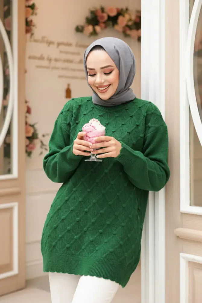 Baklava Desenli Yeşil Tesettür Triko Kazak Tunik 85161Y - 1