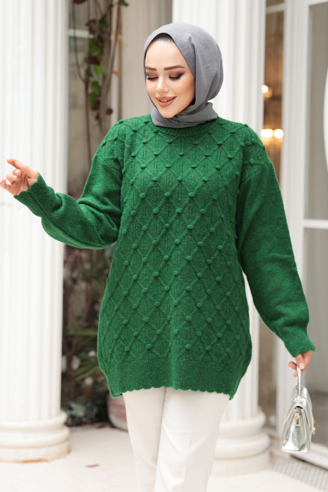 Baklava Desenli Yeşil Tesettür Triko Kazak Tunik 85161Y - 3