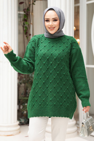 Baklava Desenli Yeşil Tesettür Triko Kazak Tunik 85161Y - 1