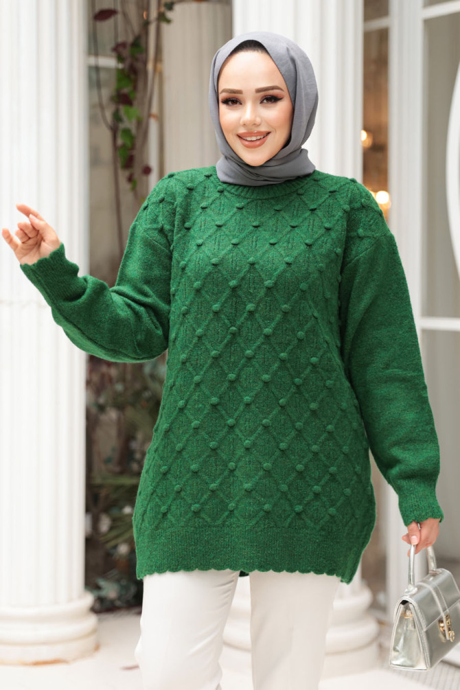 Baklava Desenli Yeşil Tesettür Triko Kazak Tunik 85161Y - 1