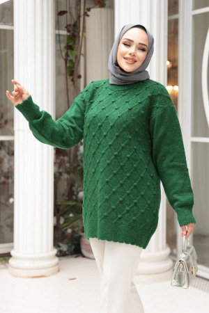 Baklava Desenli Yeşil Tesettür Triko Kazak Tunik 85161Y - 2