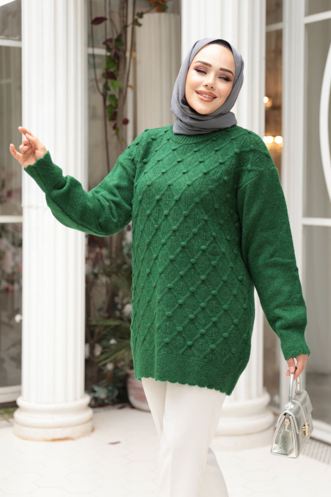 Baklava Desenli Yeşil Tesettür Triko Kazak Tunik 85161Y - 2