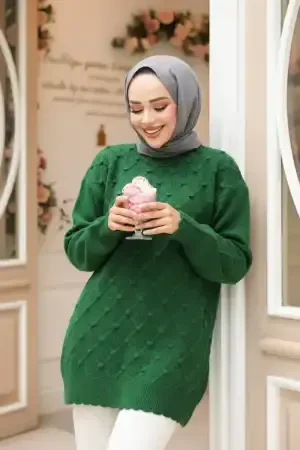 Baklava Desenli Yeşil Tesettür Triko Kazak Tunik 85161Y - 1