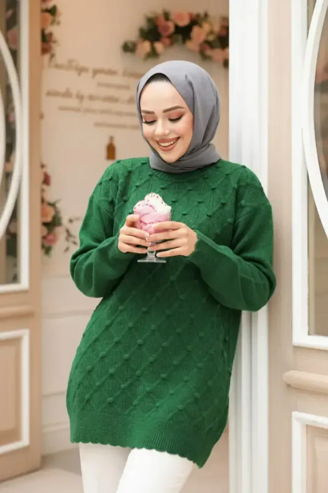 Baklava Desenli Yeşil Tesettür Triko Kazak Tunik 85161Y - 1