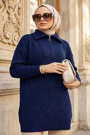 Baklava Detailed Dark Navy Blue Modest Knit Sweater 83961KL 