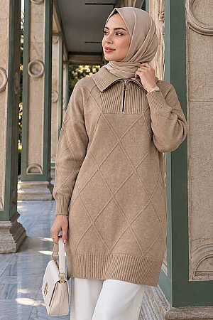 Baklava Detailed Koyu Beige Modest Knit Sweater 83961KBEJ 