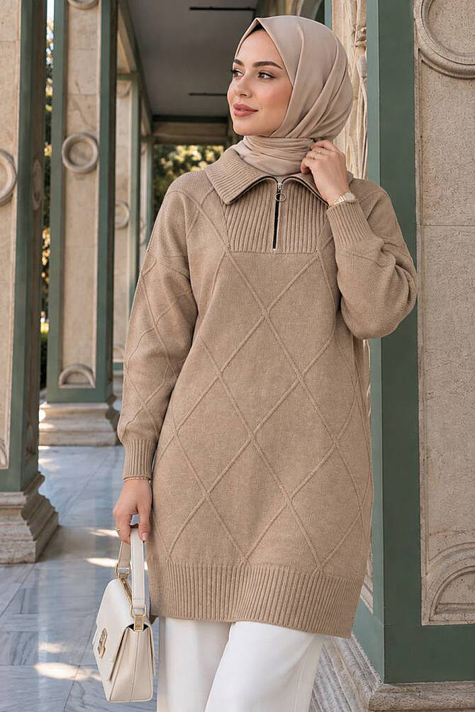 Baklava Detailed Koyu Beige Modest Knit Sweater 83961KBEJ - 1