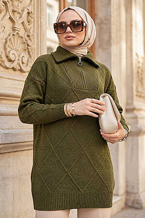 Baklava Detailed Koyu Khaki Modest Knit Sweater Tunic 83961KHK 