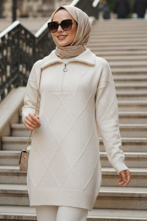 Baklava Detaylı Bej Tesettür Triko Kazak Tunik 83961BEJ 