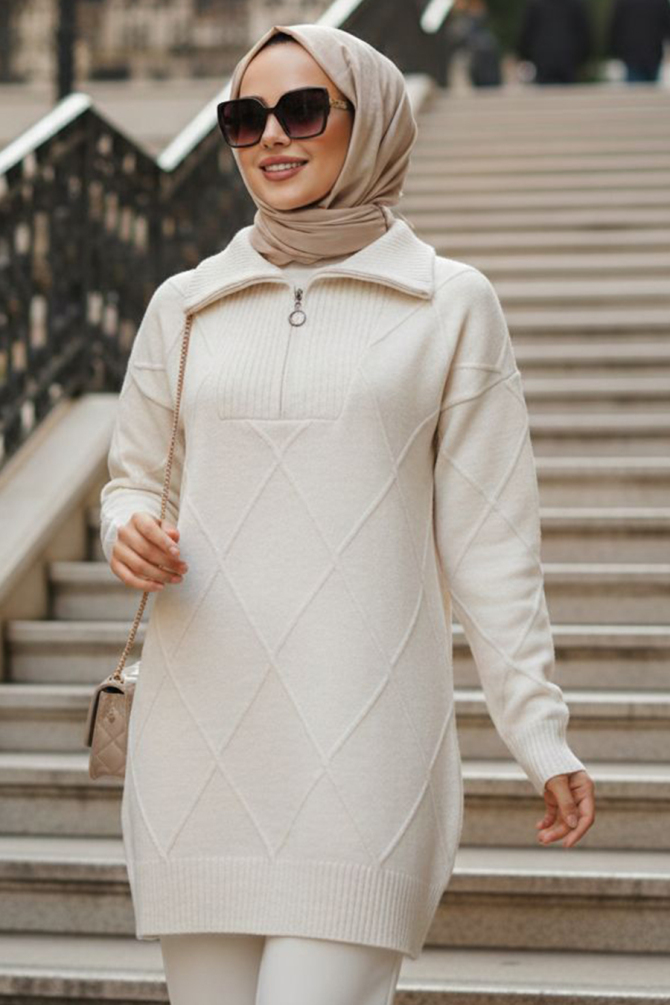 Baklava Detaylı Bej Tesettür Triko Kazak Tunik 83961BEJ - 1