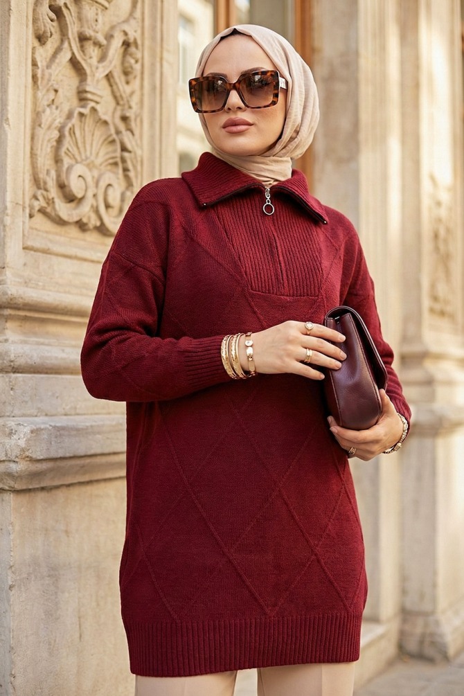 Baklava Detaylı Bordo Tesettür Triko Kazak 83961BR - 1