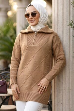 Baklava Detaylı Camel Tesettür Triko Kazak 83961C 