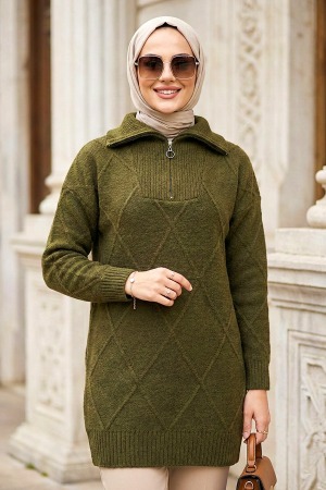 Baklava Detaylı Koyu Haki Tesettür Triko Kazak Tunik 83961KHK 