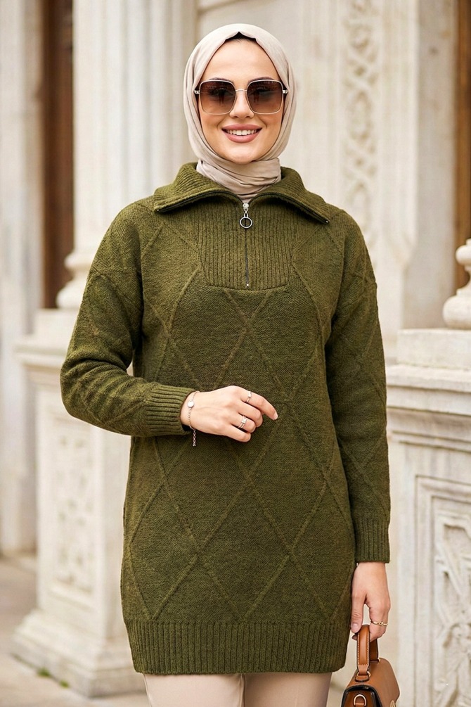 Baklava Detaylı Koyu Haki Tesettür Triko Kazak Tunik 83961KHK - 1