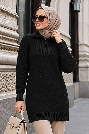 Baklava Detaylı Siyah Tesettür Triko Kazak Tunik 83961S - 1