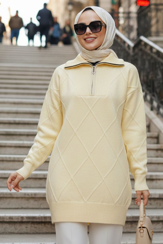 Baklava Detaylı Sarı Tesettür Triko Kazak 83961SR - 1