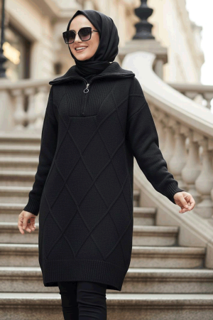 Baklava Detaylı Siyah Tesettür Triko Kazak Tunik 83961S - 1