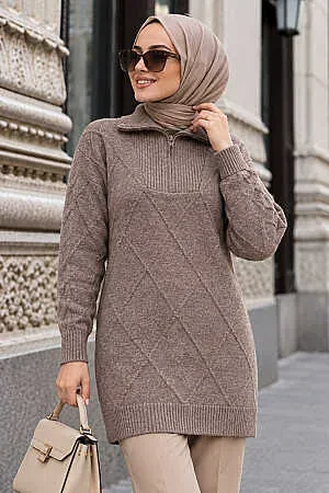 Baklava Detaylı Vizon Tesettür Triko Kazak 83961V 