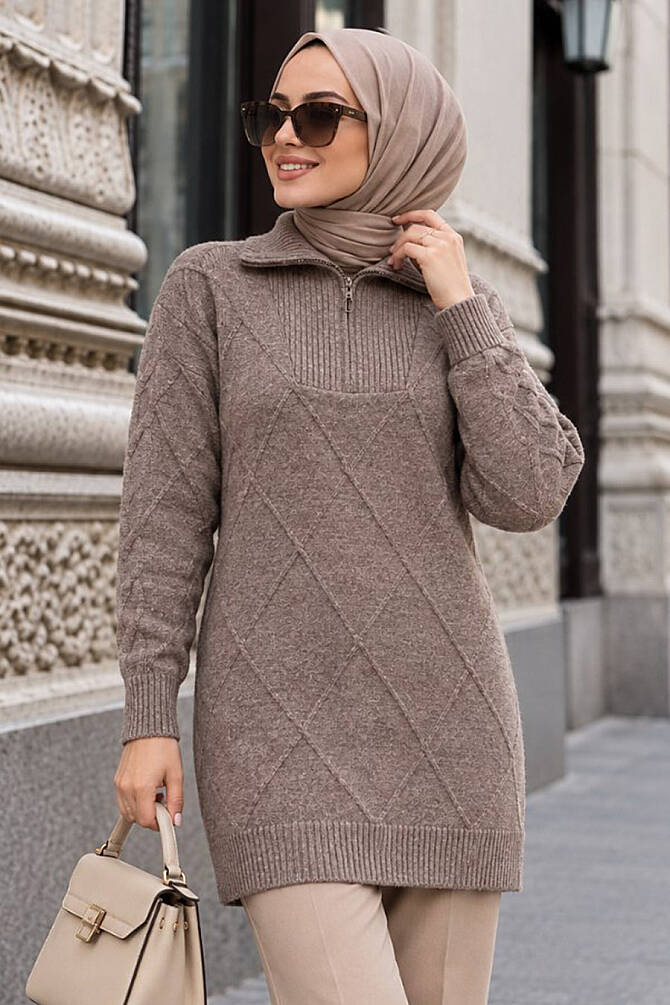 Baklava Detaylı Vizon Tesettür Triko Kazak 83961V - 1