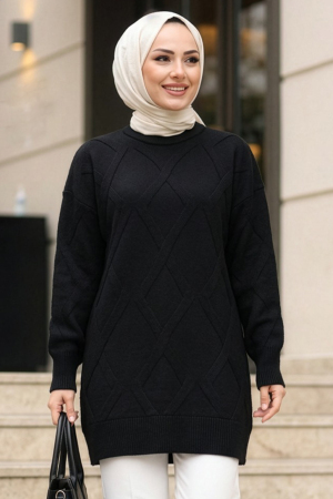 Baklava Patterned Black Modest Knit Sweater 6008S 