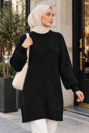 Baklava Patterned Black Modest Knit Sweater 6008S 