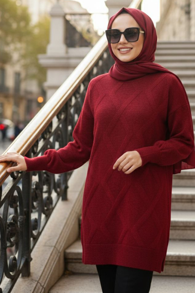 Baklava Patterned Burgundy Modest Knit Sweater 6008BR - 1