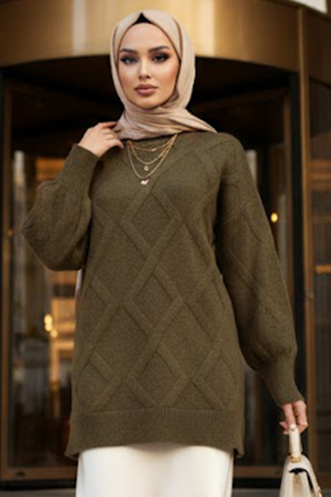 Baklava Patterned Khaki Modest Knit Sweater 6008HK - 1