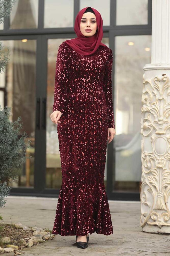 Balık Model Bordo Tesettür Abiye Elbise 87760BR - 1